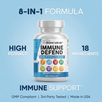 Clean Nutraceuticals Immune Defense Support Supplement 8 in 1 with Zinc 50mg Quercetin, VIT C 1000mg, Vitamin D3 5000 IU, Elderberry, Ginger - OmniHealth US