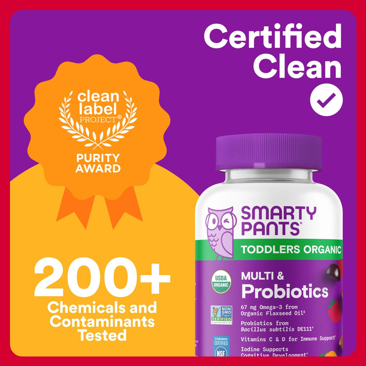 SmartyPants Organic Toddler Multivitamin Gummies: Probiotics, Omega 3 (ALA), Vitamin D3, C, Vitamin B12, B6, A, K & Zinc, Beta Carotene, Gluten Free - OmniHealth US