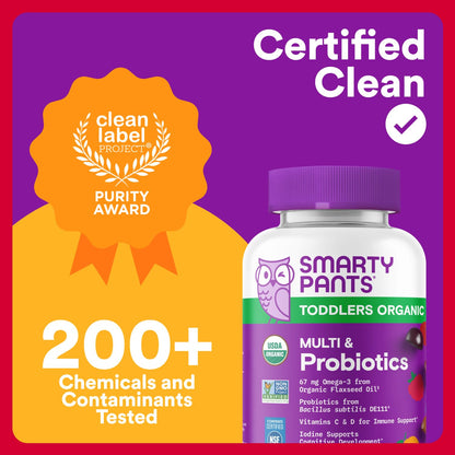 SmartyPants Organic Toddler Multivitamin Gummies: Probiotics, Omega 3 (ALA), Vitamin D3, C, Vitamin B12, B6, A, K & Zinc, Beta Carotene, Gluten Free - OmniHealth US
