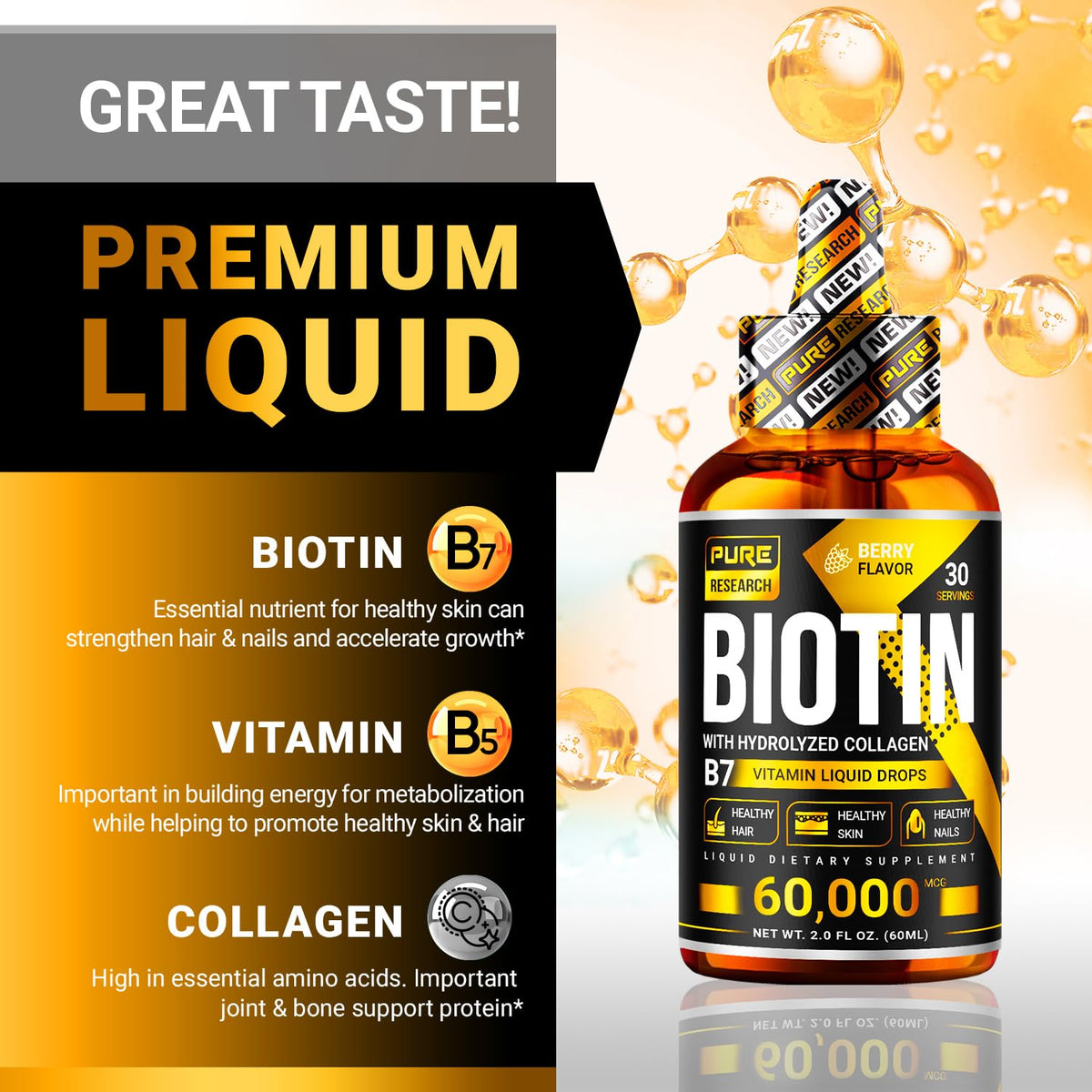 PURE RESEARCH Liquid Biotin & Collagen Hair Growth Drops 60,000mcg – Biotin and Liquid Collagen Supplements for Women & Men – Supports Glowing Skin - OmniHealth US