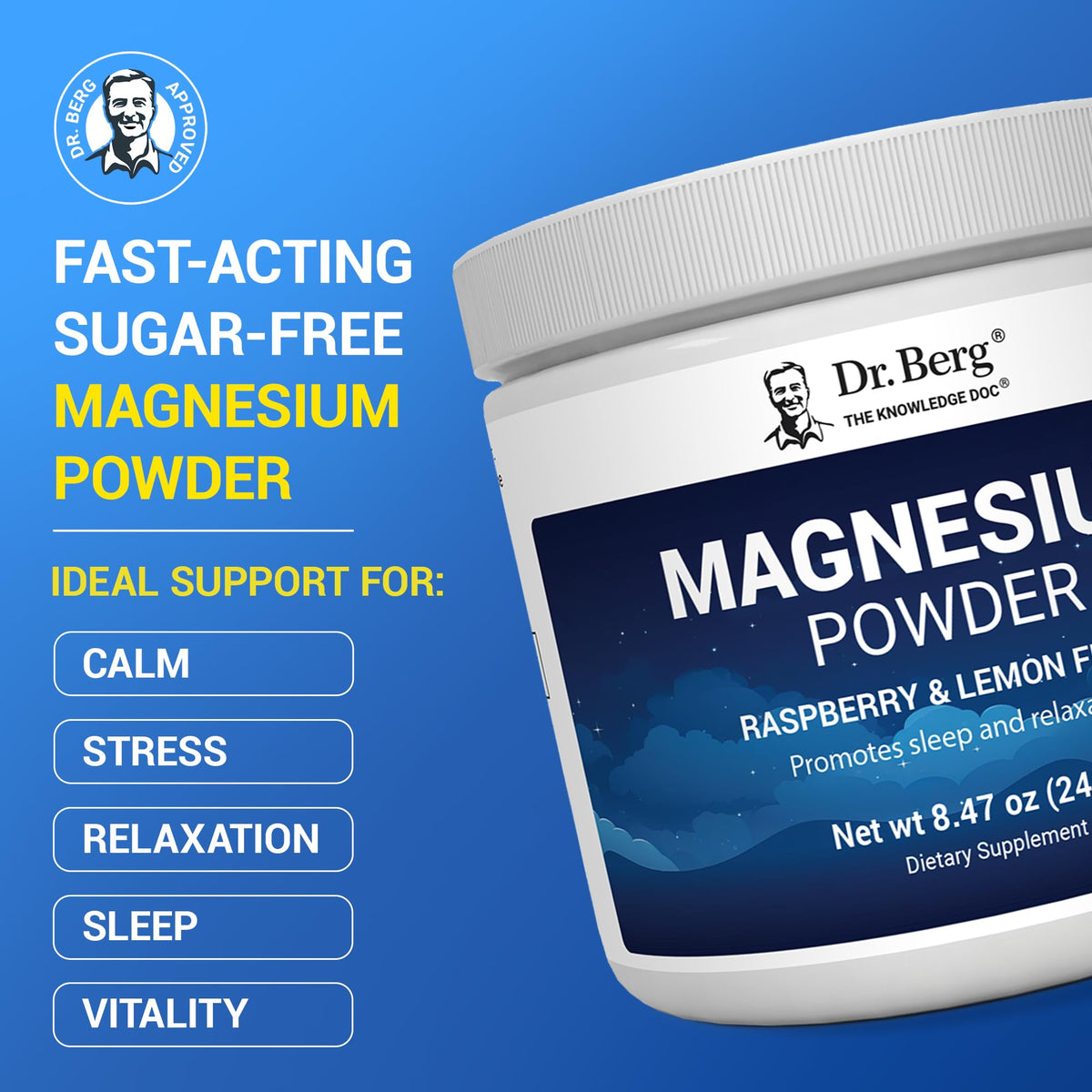 Dr. Berg Magnesium Glycinate Powder for Sleep, Relaxation, & Stress Relief - Now Includes Vitamin D3 & Zinc - Delicious Raspberry & Lemon Flavor (50 Servings) Magnesium Powder - Magnesium Drink Powder - OmniHealth US