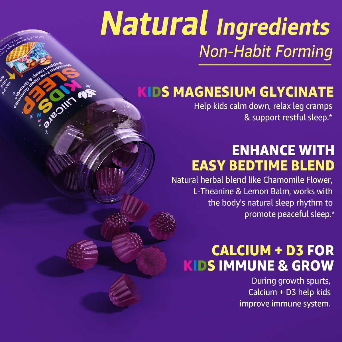 Kids Sleep Gummies - Magnesium Glycinate Gummies, Melatonin Free Sleep Aid | Magnesium, Calcium, D3, B6, L Theanine - OmniHealth US