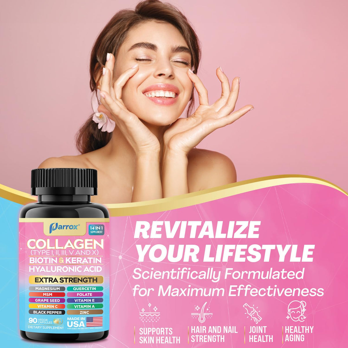 Parrox Collagen Peptides Types I, II, III, V & X, MCG Biotin, Keratin, Hyaluronic Acid, MSM, Zinc, Grape Seed Extract, Quercetin, Vitamin A, Vitamin C, OmniHealth US