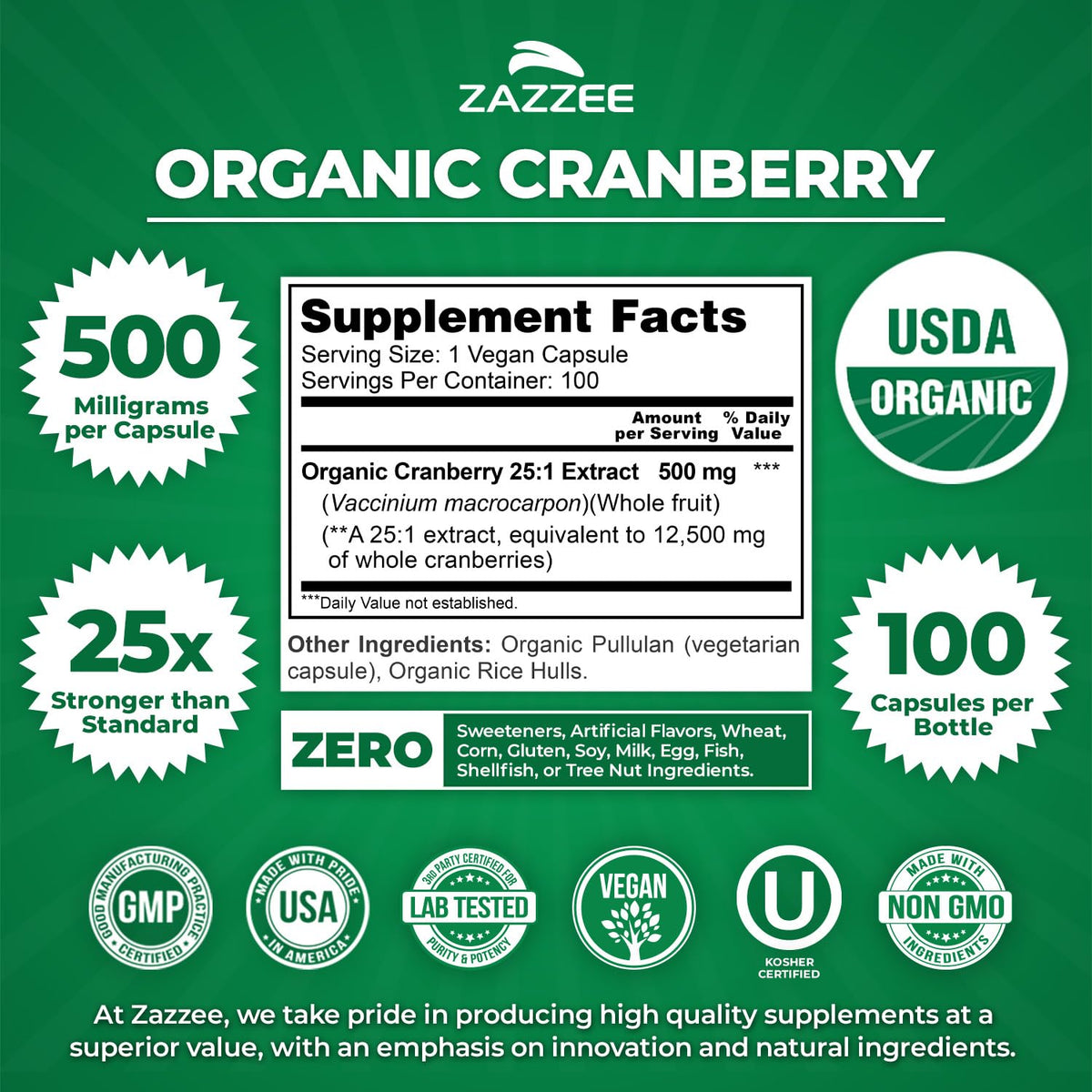 Zazzee USDA Organic Cranberry 25:1 Extract, 500 mg per Capsule, 100 Vegan Capsules, 3+ Month Supply, Certified Kosher, Vaccinium Macrocarpon, Urinary Tract & Bladder Support - OmniHealth US