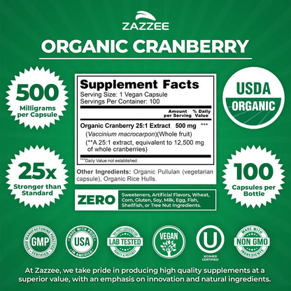 Zazzee USDA Organic Cranberry 25:1 Extract, 500 mg per Capsule, 100 Vegan Capsules, 3+ Month Supply, Certified Kosher, Vaccinium Macrocarpon, Urinary Tract & Bladder Support - OmniHealth US