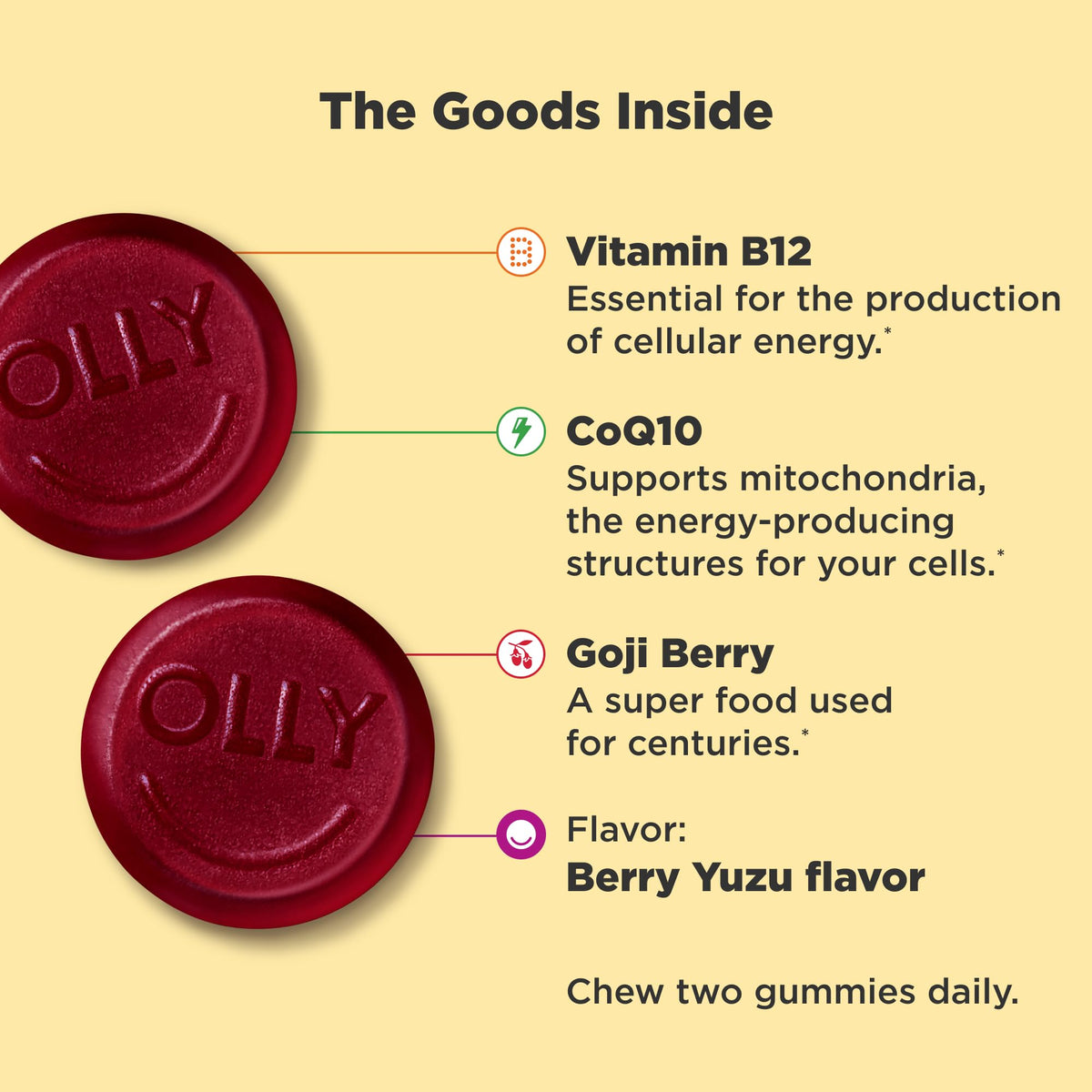 OLLY Extra Strength Daily Energy Gummy, Caffeine Free, 1000mcg Vitamin B12, CoQ10, Goji Berry, Adult Chewable Supplement - OmniHealth US