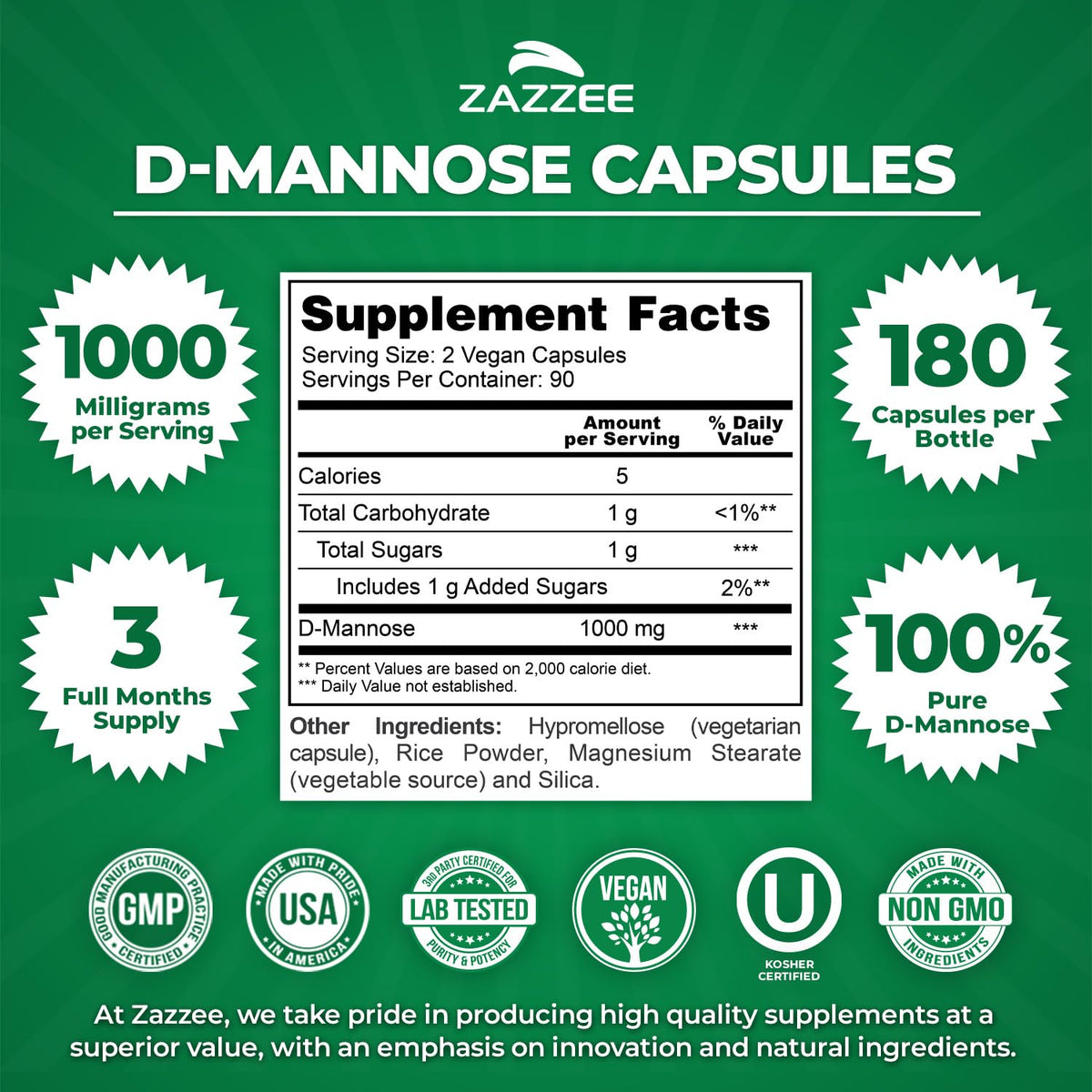 Zazzee D-Mannose, 1000 mg per Serving, 180 Vegan Capsules, 3 Month Supply, Potent & Fast-Acting, Certified Kosher, 100% Pure, All-Natural Urinary Tract Health Support - OmniHealth US