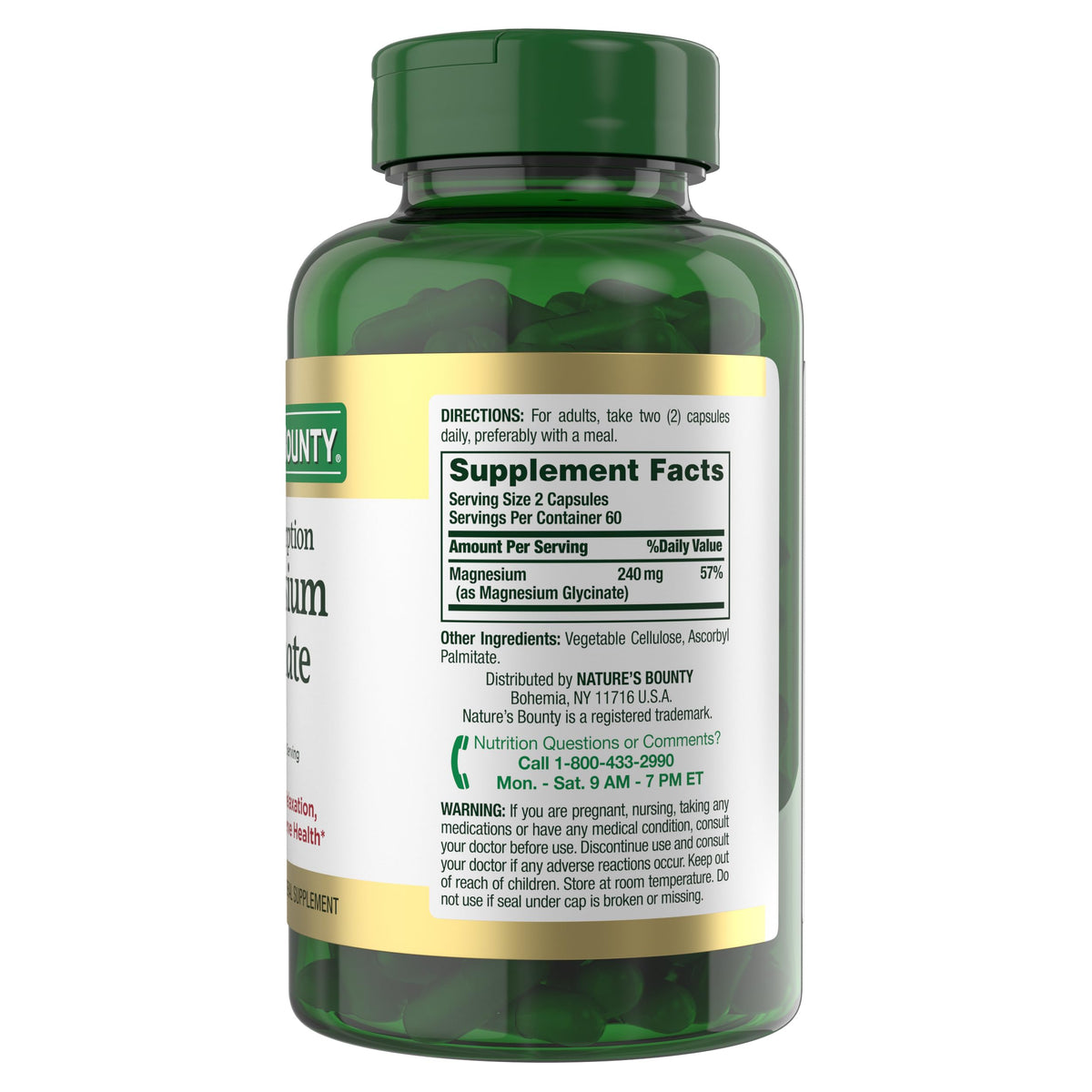 Nature’s Bounty High Absorption Magnesium Glycinate 240 mg for Supporting Muscle Relaxation and Bone, Heart & Nerve Health – Non-GMO, Gluten-Free, Vegetarian, 120 Count/60 Servings - OmniHealth US