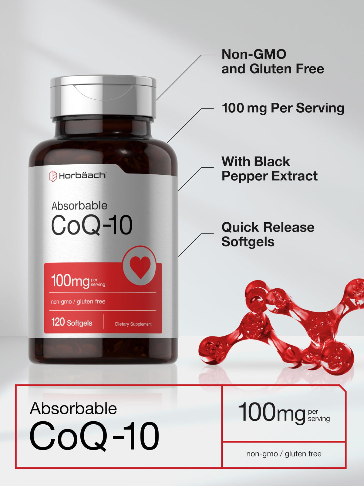 Horbäach CoQ10 100mg Softgels | 120 Count | Non-GMO and Gluten Free Supplement - OmniHealth US
