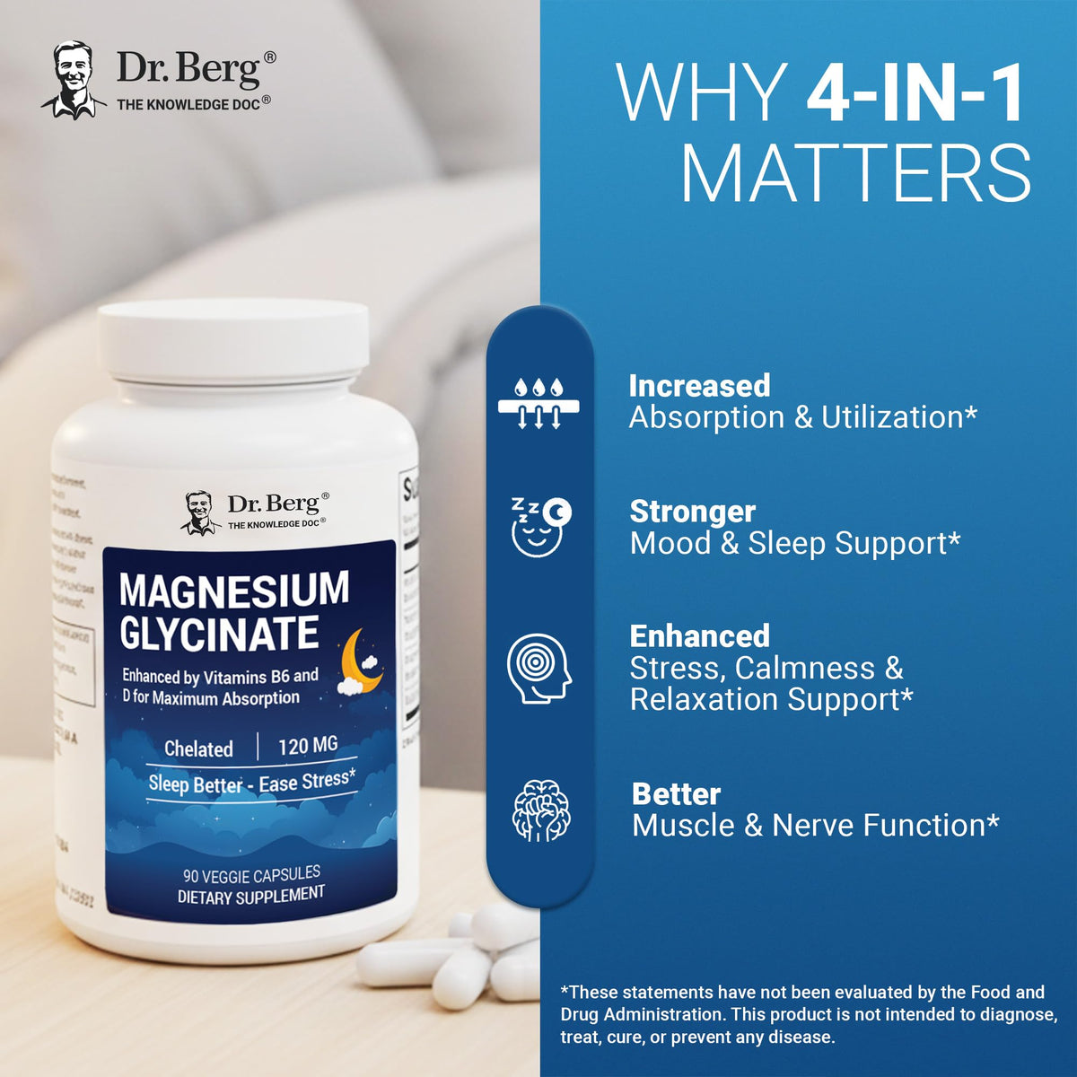 Dr. Berg Magnesium Glycinate 90ct – 4-in-1 Chelated for Muscle, Nerve, Sleep & Stress Support*– w/ D3, B6 & Zinc – 4X Lab-Tested – No Fillers – Formulated in USA, GMP-Certified - OmniHealth US