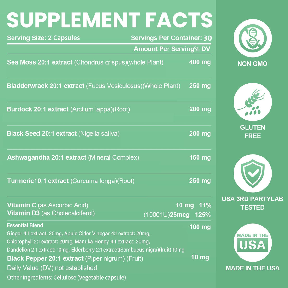 Sea Moss Black Seed Oil Ashwagandha Bladderwrack Burdock Root Turmeric & Vitamin C D3 Elderberry ACV Black Pepper - Multimineral Supplement - 60 Count GrevolBuy Supplements Australia