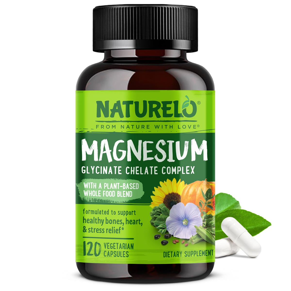 NATURELO Magnesium Glycinate Chelate Complex - 200 mg Magnesium with Organic Vegetables to Support Sleep, Calm, Muscle Cramp & Stress Relief - OmniHealth US