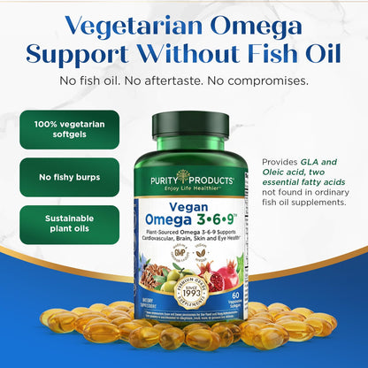 Purity Products Omega 3-6-9 Vegan and Vegetarian Formula - “5 in 1” Essential Fatty Acid Complex - Scientifically Formulated Plant-Based Omega 3 6 9 - OmniHealth US