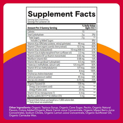 SmartyPants Organic Toddler Multivitamin Gummies: Probiotics, Omega 3 (ALA), Vitamin D3, C, Vitamin B12, B6, A, K & Zinc, Beta Carotene, Gluten Free - OmniHealth US