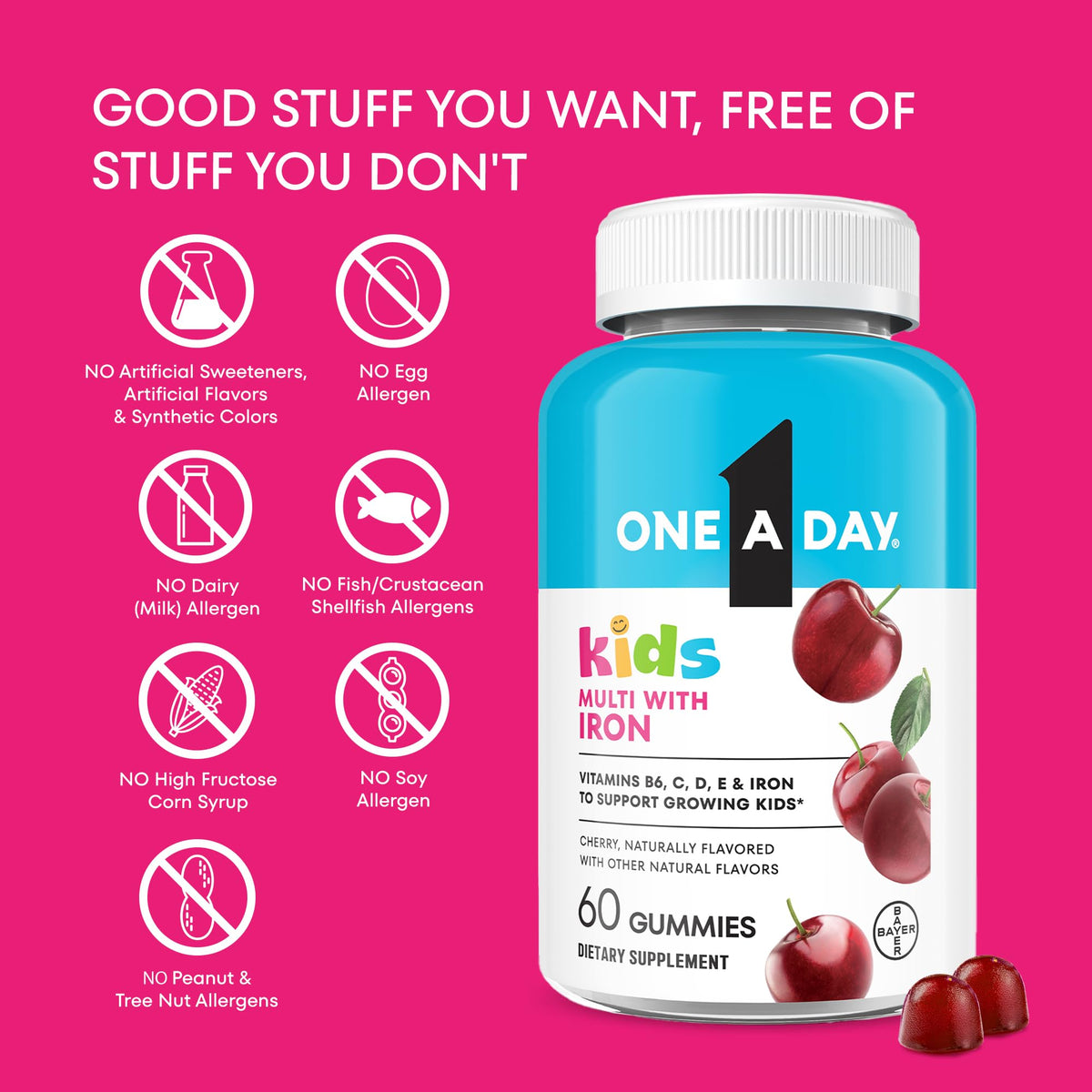 One A Day Kids Multivitamin with Iron Gummy, Vitamin D, Vitamin C, E, Zinc for Immune Support, Gummy Vitamins, Kids Multivitamin Gummies with Iron - OmniHealth US