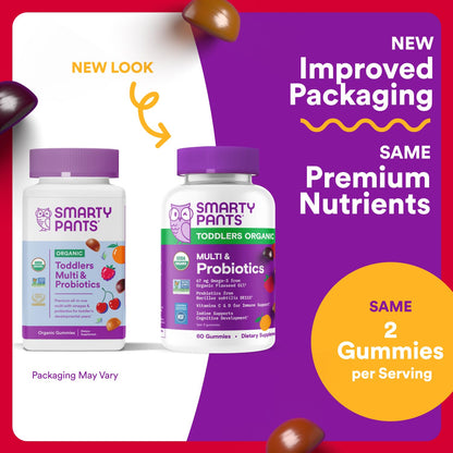 SmartyPants Organic Toddler Multivitamin Gummies: Probiotics, Omega 3 (ALA), Vitamin D3, C, Vitamin B12, B6, A, K & Zinc, Beta Carotene, Gluten Free - OmniHealth US