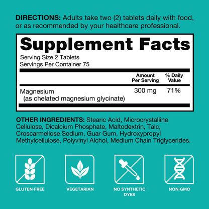 Qunol Magnesium Glycinate 300mg, 100% Glycinate Chelated Magnesium Supplement, 150ct Tablets - OmniHealth US