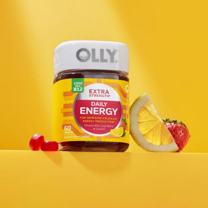 OLLY Extra Strength Daily Energy Gummy, Caffeine Free, 1000mcg Vitamin B12, CoQ10, Goji Berry, Adult Chewable Supplement - OmniHealth US