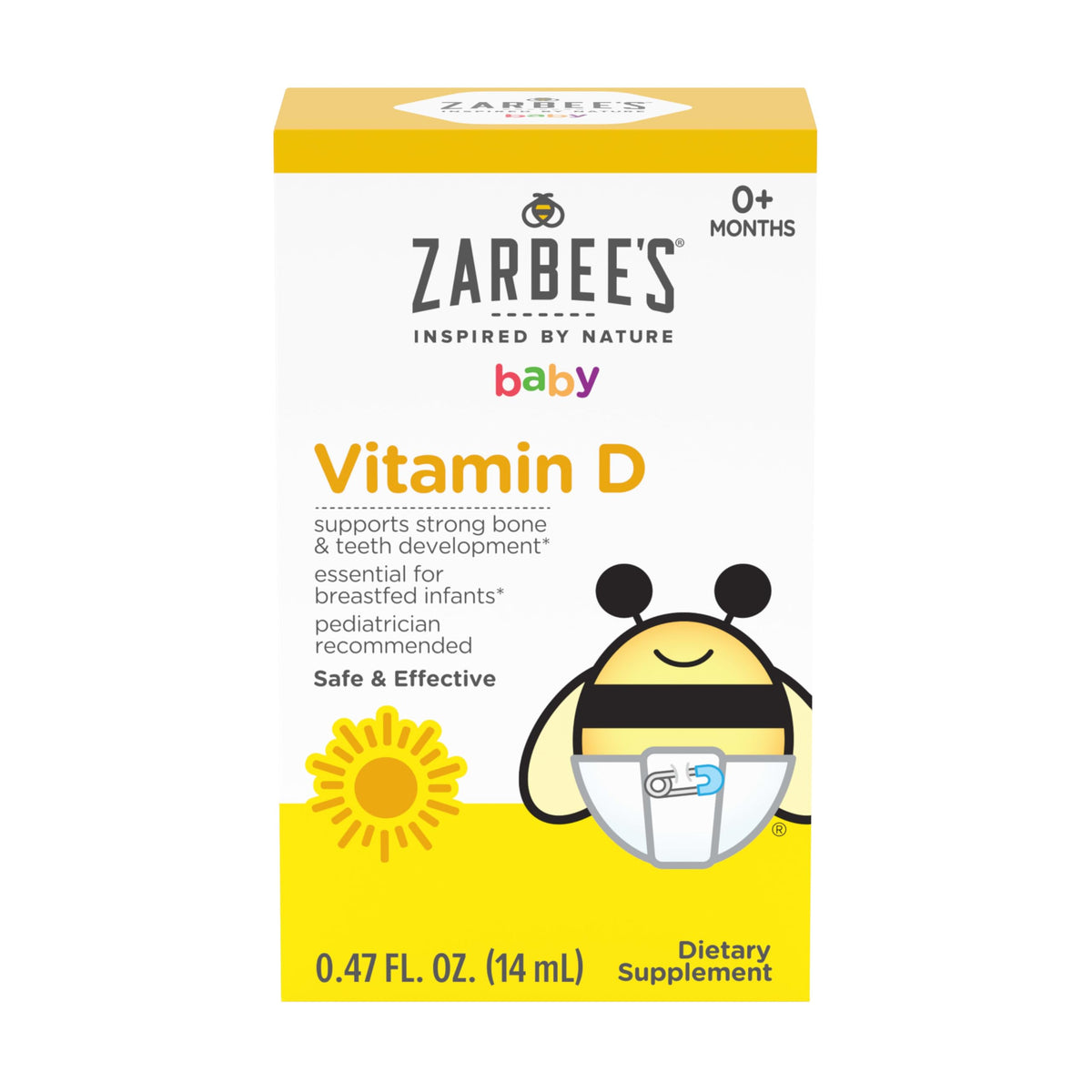 Zarbee's Vitamin D Drops for Infants, 400IU (10mcg) Baby & Toddler Liquid Supplement, Newborn & Up, Dropper Syringe Included, 0.47 Fl Oz - OmniHealth US