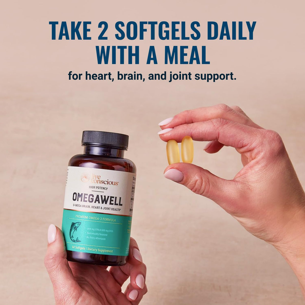 Live Conscious OmegaWell Omega 3 Fish Oil - 2000mg Capsules: Heart, Brain, & Joint Support - 800 mg EPA 600 mg DHA - Sustainably Sourced - OmniHealth US