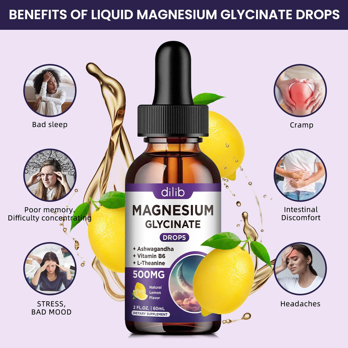 Magnesium Glycinate Supplement, Magnesium Liquid Drops with Magnesium Glycinate 500mg Vitamin B6, Ashwagandha, L - Theanine, Chamomile - OmniHealth US