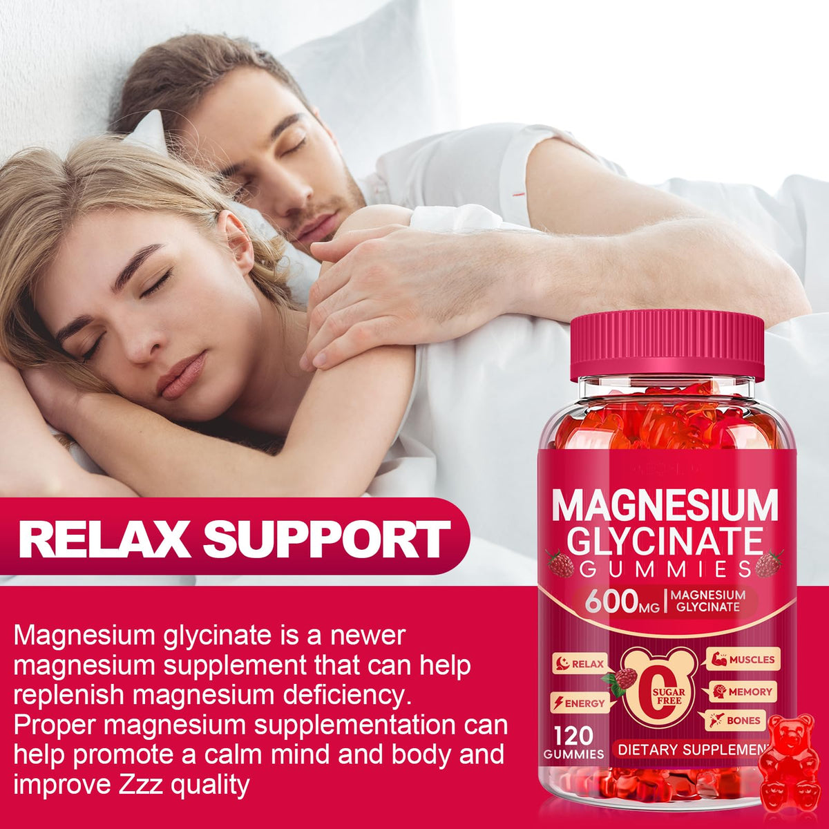 Magnesium Glycinate Gummies 600mg, Sugar Free Magnesium Gummies for Adults, Chewable Potassium Supplements for Body Support - OmniHealth US