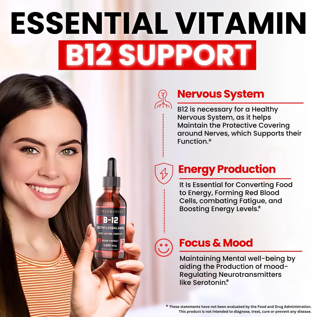 VITBOOST Vegan Liquid B-12 Drops – 60 x 5000 mcg Extra Strength Raspberry Flavored Vitamin B12 Liquid Methylcobalamin sublingual Supplement | Designed to Maximize Absorption - OmniHealth US