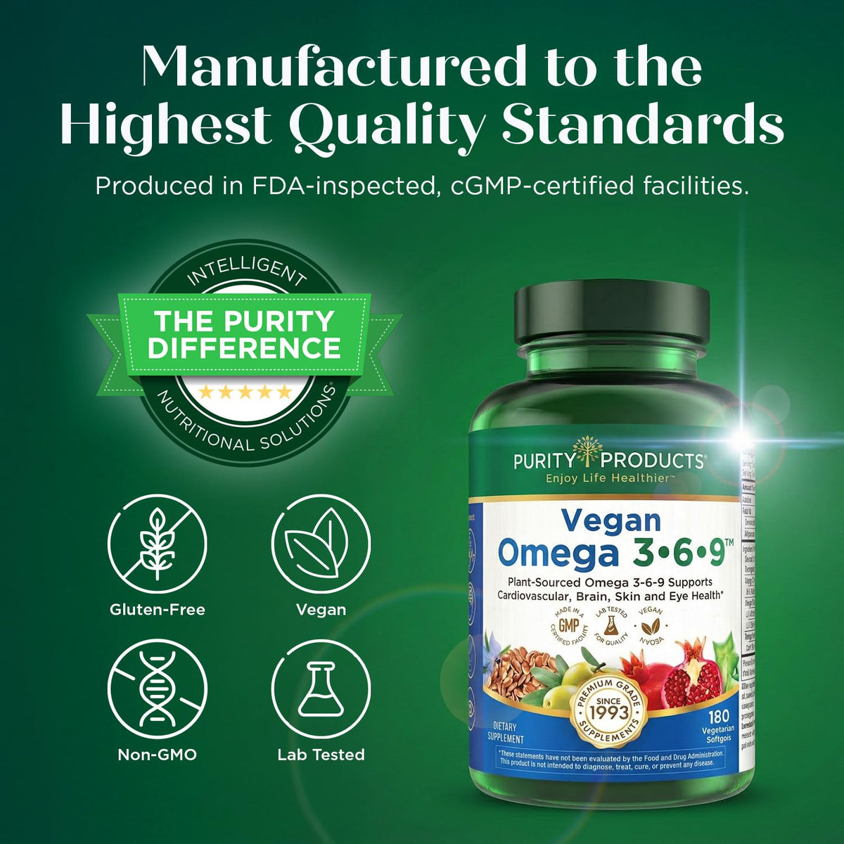 Purity Products Omega 3-6-9 Vegan and Vegetarian Formula - “5 in 1” Essential Fatty Acid Complex - Scientifically Formulated Plant-Based Omega 3 6 9 - OmniHealth US