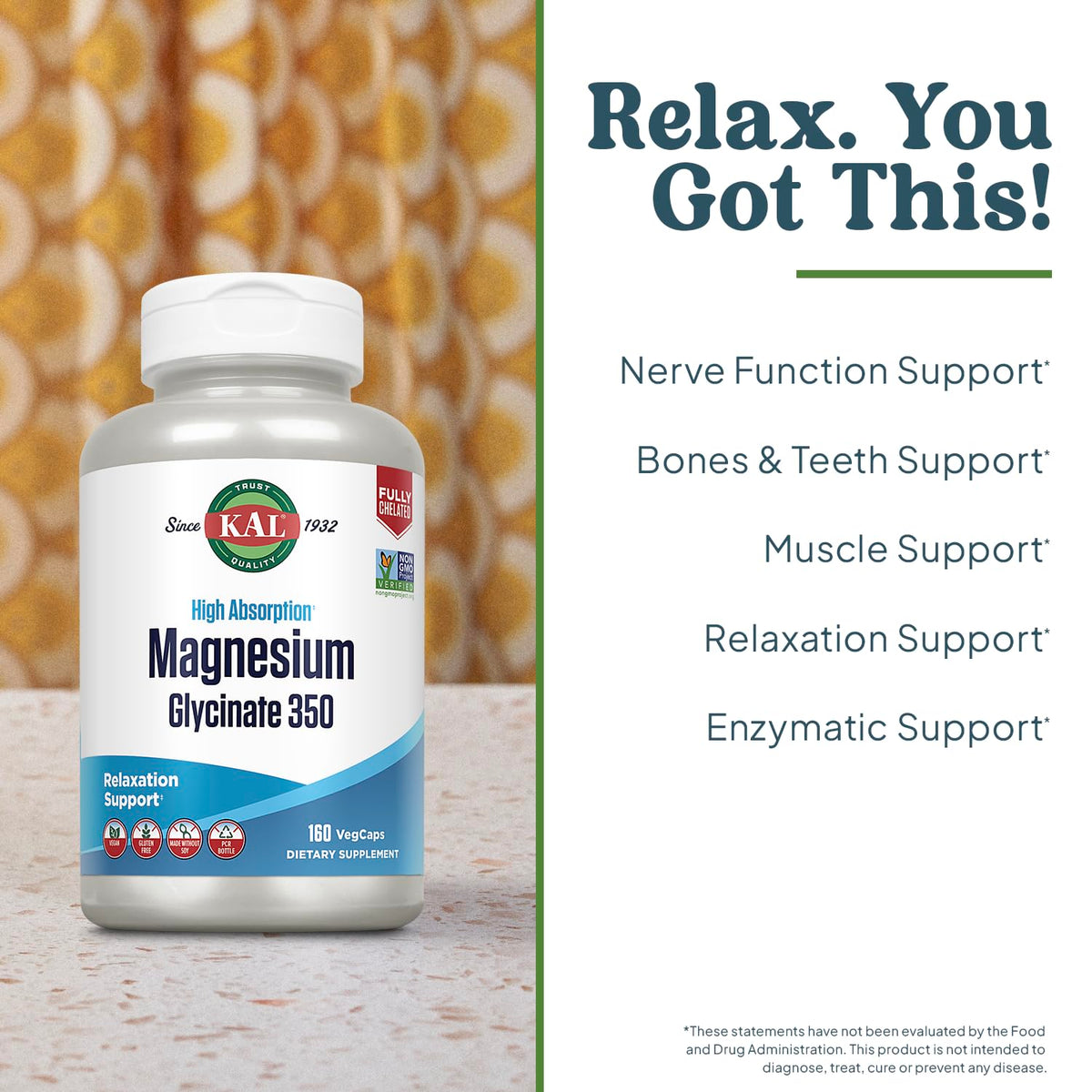 KAL Magnesium Glycinate Capsules, Fully Chelated Magnesium Bisglycinate, High Absorption Magnesium Supplement, Healthy Bones, Muscle, OmniHealth US