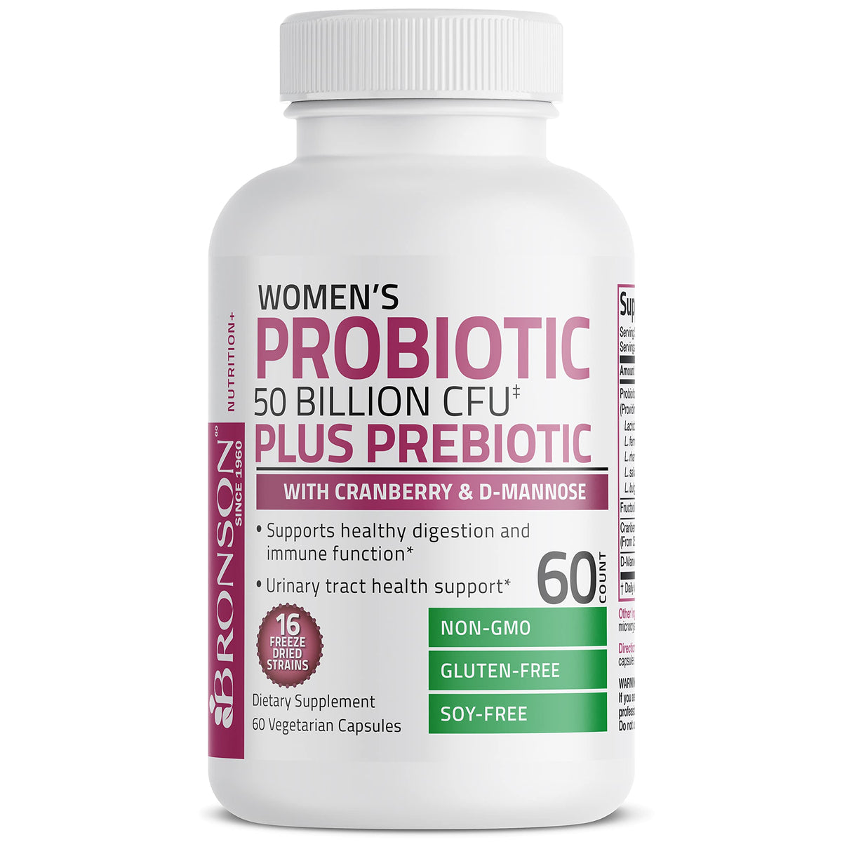 Bronson Women's Probiotic 50 Billion CFU + Prebiotic with Cranberry & D-Mannose – Vaginal Health, Healthy Digestion, Immune Function and Urinary Tract Support, Non-GMO, 60 Vegetarian Capsules - OmniHealth US