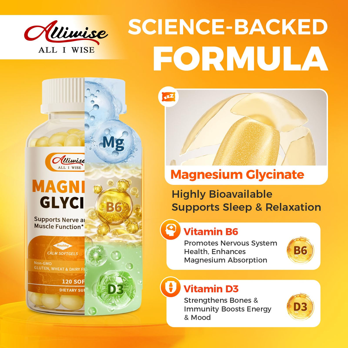 Magnesium Glycinate 400mg Softgels with Vitamin D3 & B6,Small Easy to Swallow Gel Caps,High Absorption, Gentle on Stomach,Supports Sleep, OmniHealth US
