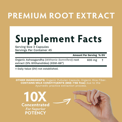 TRIBE ORGANICS Ashwagandha KSM 66 Pure Organic Root Powder Extract Ayurvedic Supplement - Focus, Mood Support, Increase Energy, Strength, 600mg of Natural KSM66 - OmniHealth US
