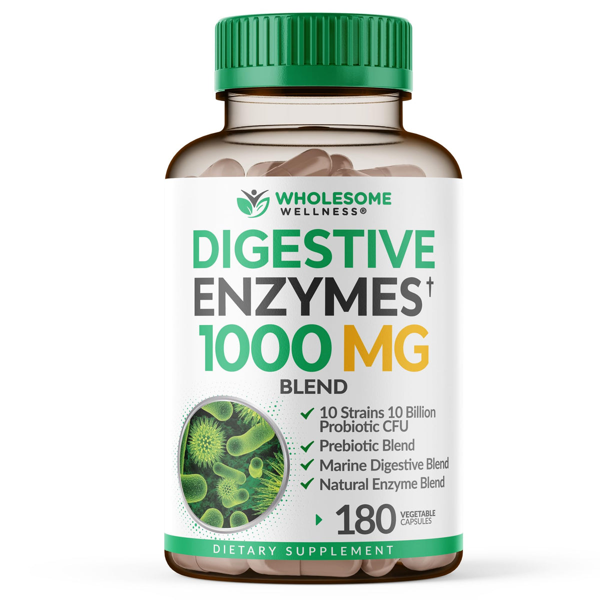 Wholesome Wellness Digestive Enzymes 1000MG Plus Prebiotics & Probiotics Supplement, 180 Capsules, Organic Plant-Based Vegan Formula for Digestion - OmniHealth US