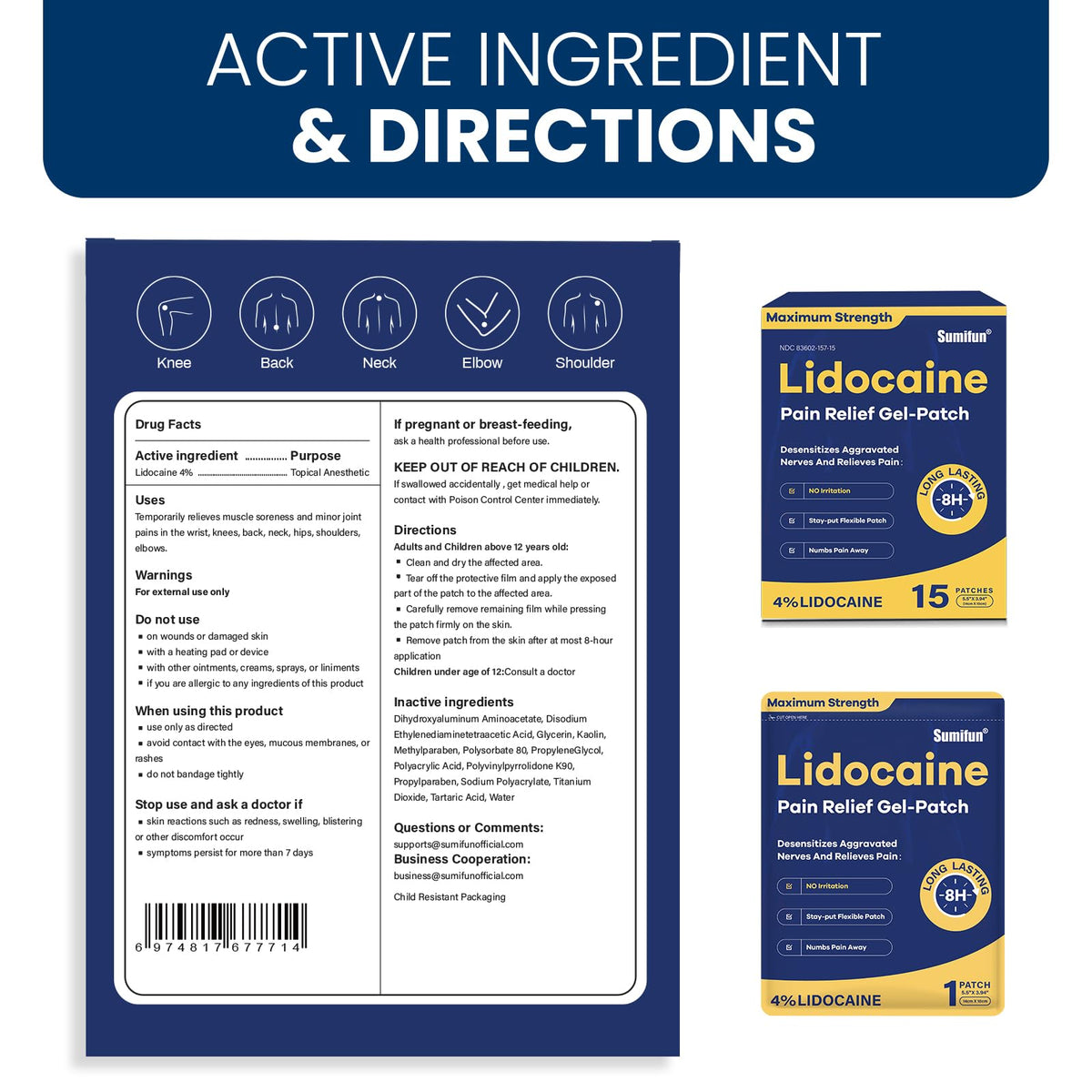 Sumifun 4% Lidocaine Pain Relief Patches 15 Counts Maximum Strength Numbing Gel Patch for Back Knee Neck Joint Ache Muscle Soreness Topical Analgesic SumifunBuy Supplements Australia