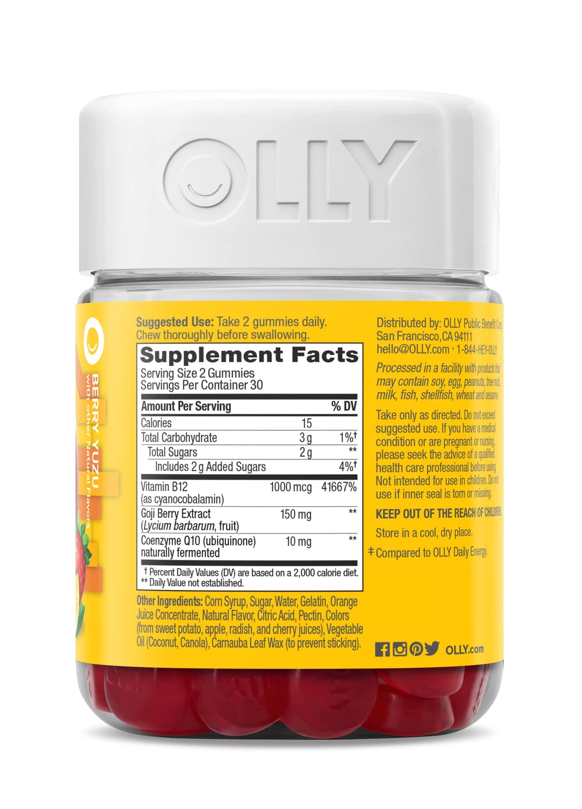 OLLY Extra Strength Daily Energy Gummy, Caffeine Free, 1000mcg Vitamin B12, CoQ10, Goji Berry, Adult Chewable Supplement - OmniHealth US