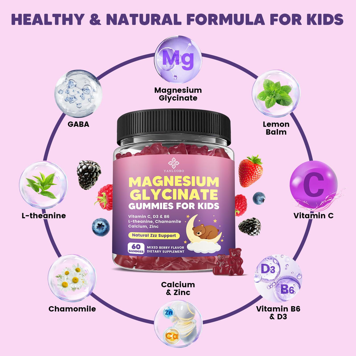 YANLUOBO Kids Magnesium Gummies, Magnesium Glycinate Gummies 400mg/200mg with L-Theanine, Chamomile, Vitamin B6, D3 for Kids, Relaxation & Zzz Support, OmniHealth US