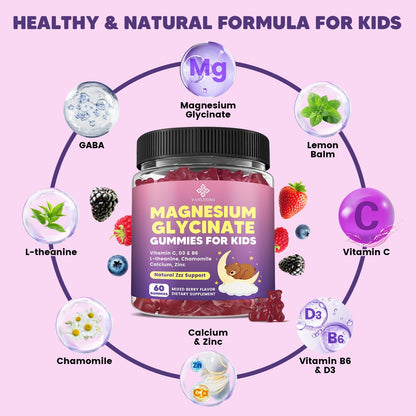 YANLUOBO Kids Magnesium Gummies, Magnesium Glycinate Gummies 400mg/200mg with L-Theanine, Chamomile, Vitamin B6, D3 for Kids, Relaxation & Zzz Support, OmniHealth US