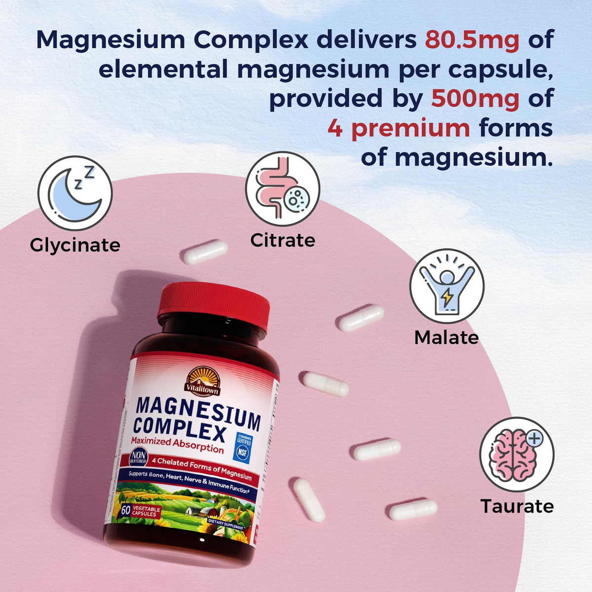 Vitalitown Magnesium Complex Supplement 500mg - NSF Certified Magnesium Glycinate, Malate, Taurate & Citrate - Chelated High Absorption & Gentle on Stomach - OmniHealth US