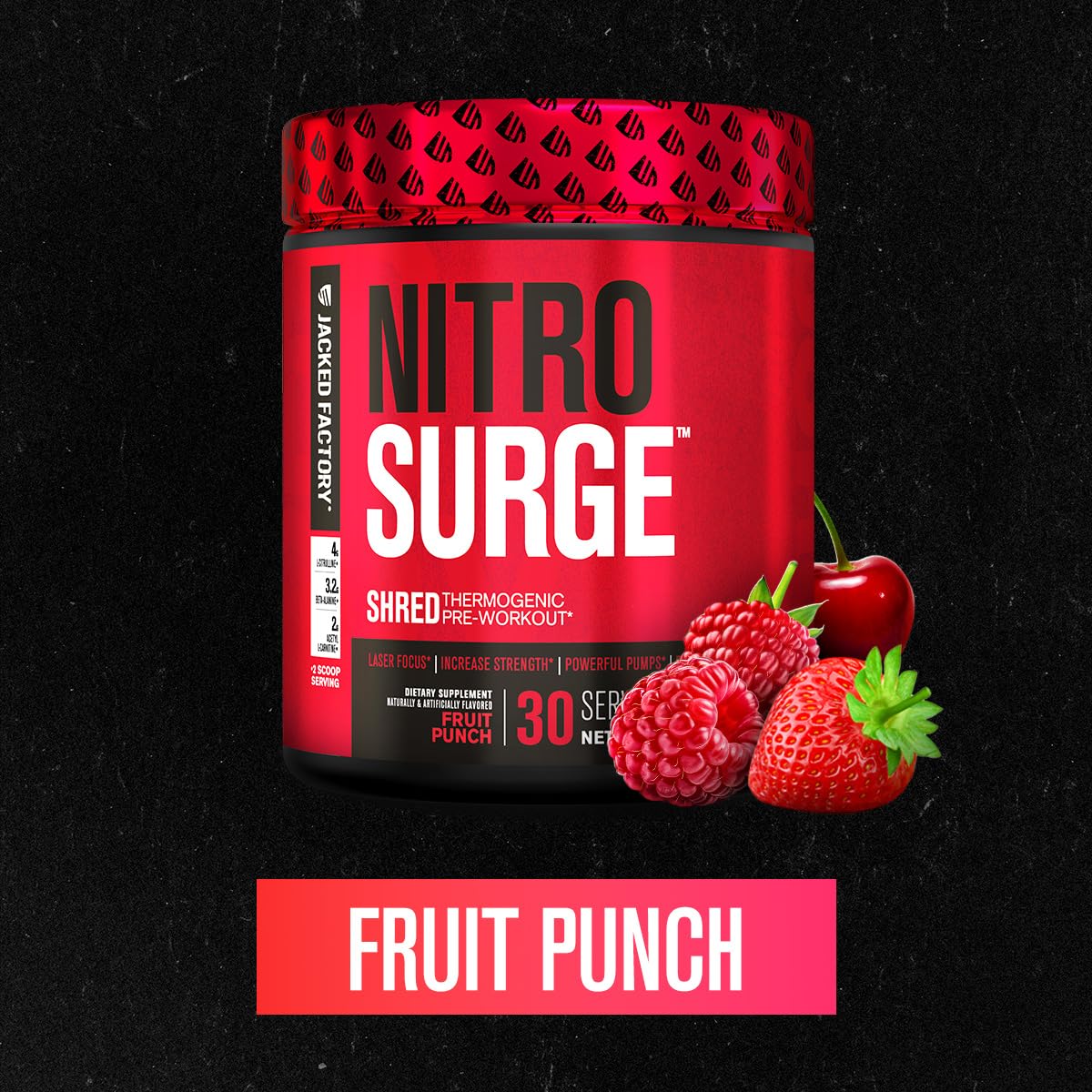 Jacked Factory NITROSURGE Shred Pre Workout Supplement - Energy Booster, Instant Strength Gains, Sharp Focus, Powerful Pumps - Nitric Oxide Booster & PreWorkout Powder - 30Sv, Fruit Punch - OmniHealth US