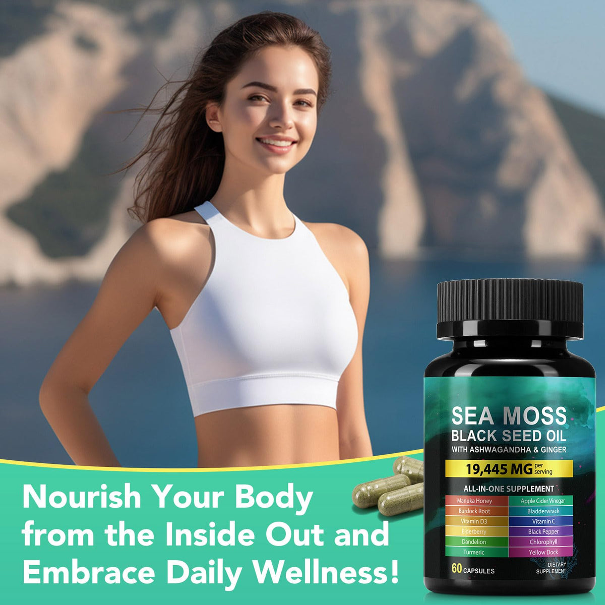 Sea Moss Black Seed Oil Ashwagandha Ginger Capsules, Seamoss Capsules Supplement with Bladderwrack Burdock & Vitamin C Vitamin D3 for Women & Men-Enhanced Immunity,60 Counts VceeoyBuy Supplements Australia