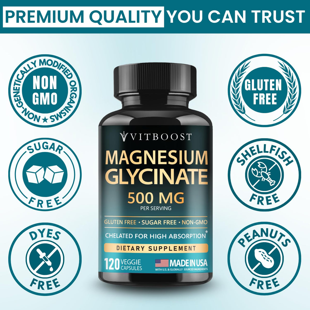 VITBOOST Magnesium Glycinate 500mg - High Absorption Chelated Supplement - Supports Sleep, Muscle Recovery & Heart Health - Non-GMO - OmniHealth US