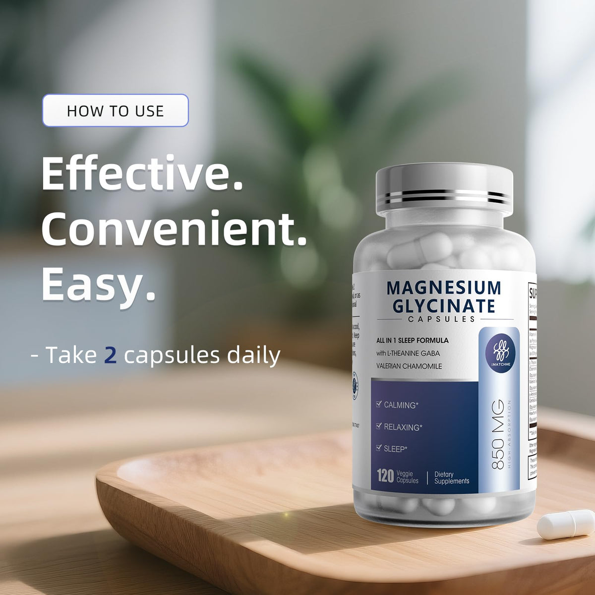iMATCHME Magnesium Glycinate 850mg Capsules with L-Theanine, Chamomile & GABA for Sleep, Calmness, Muscle, Bone Health & Immune Support, Magnesium for Women and Men, OmniHealth US