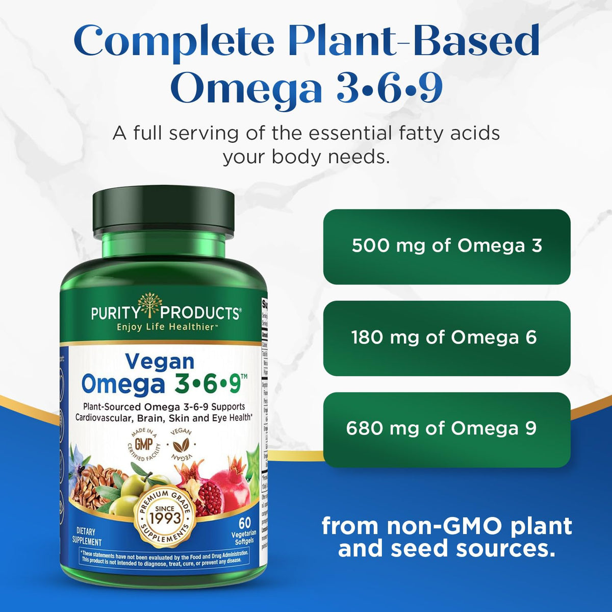 Purity Products Omega 3-6-9 Vegan and Vegetarian Formula - “5 in 1” Essential Fatty Acid Complex - Scientifically Formulated Plant-Based Omega 3 6 9 - OmniHealth US