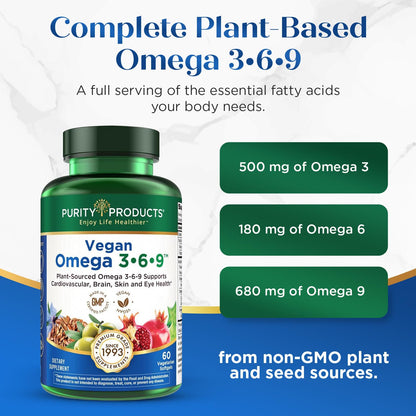 Purity Products Omega 3-6-9 Vegan and Vegetarian Formula - “5 in 1” Essential Fatty Acid Complex - Scientifically Formulated Plant-Based Omega 3 6 9 - OmniHealth US