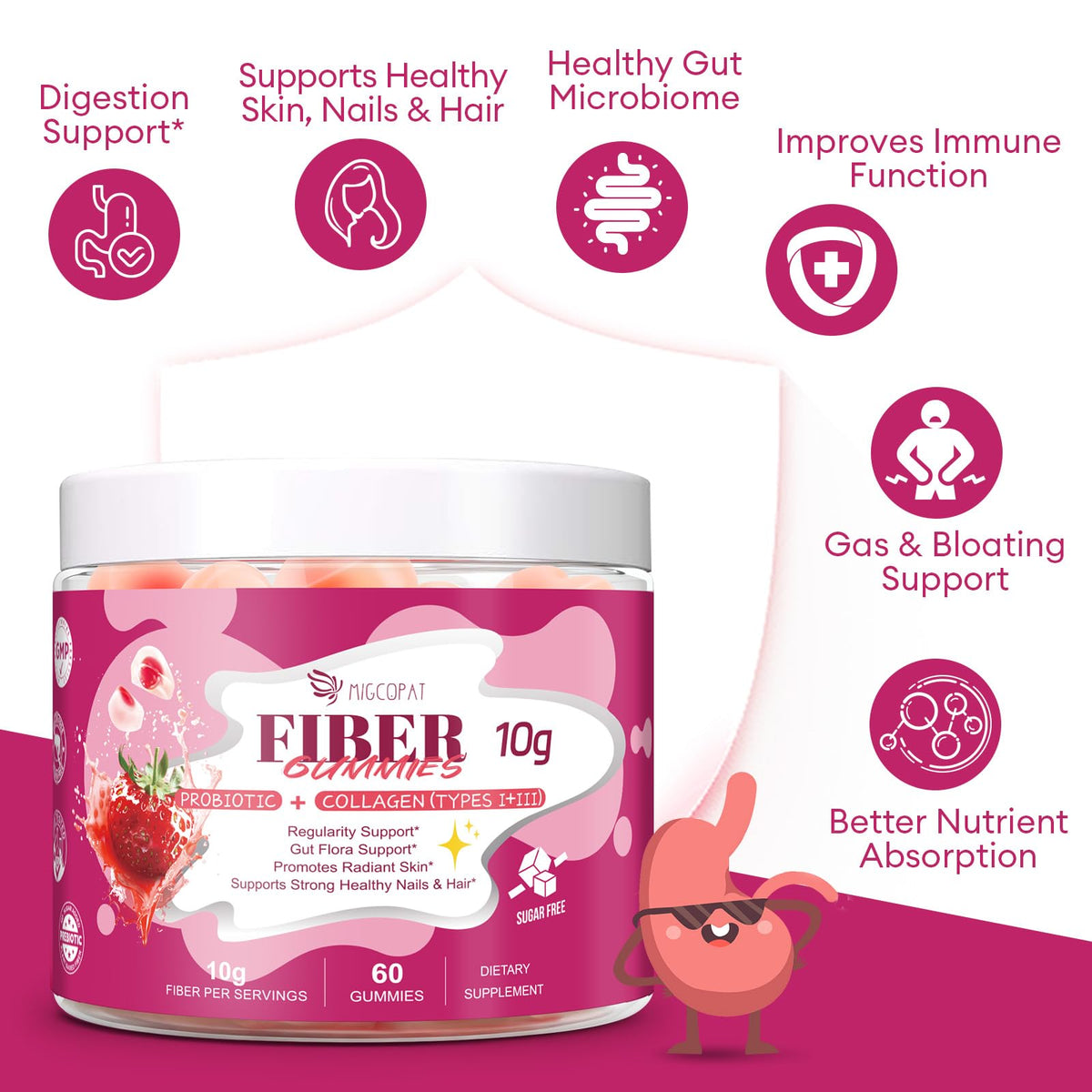 Migcopat 10G Fiber Gummies with Collagen Peptides, Hyaluronic Acid, Vitamin C, ACV, 30 Billion CFU Probiotics – Sugar Free Collagen Gummy for Skin, Hair & Nails - OmniHealth US