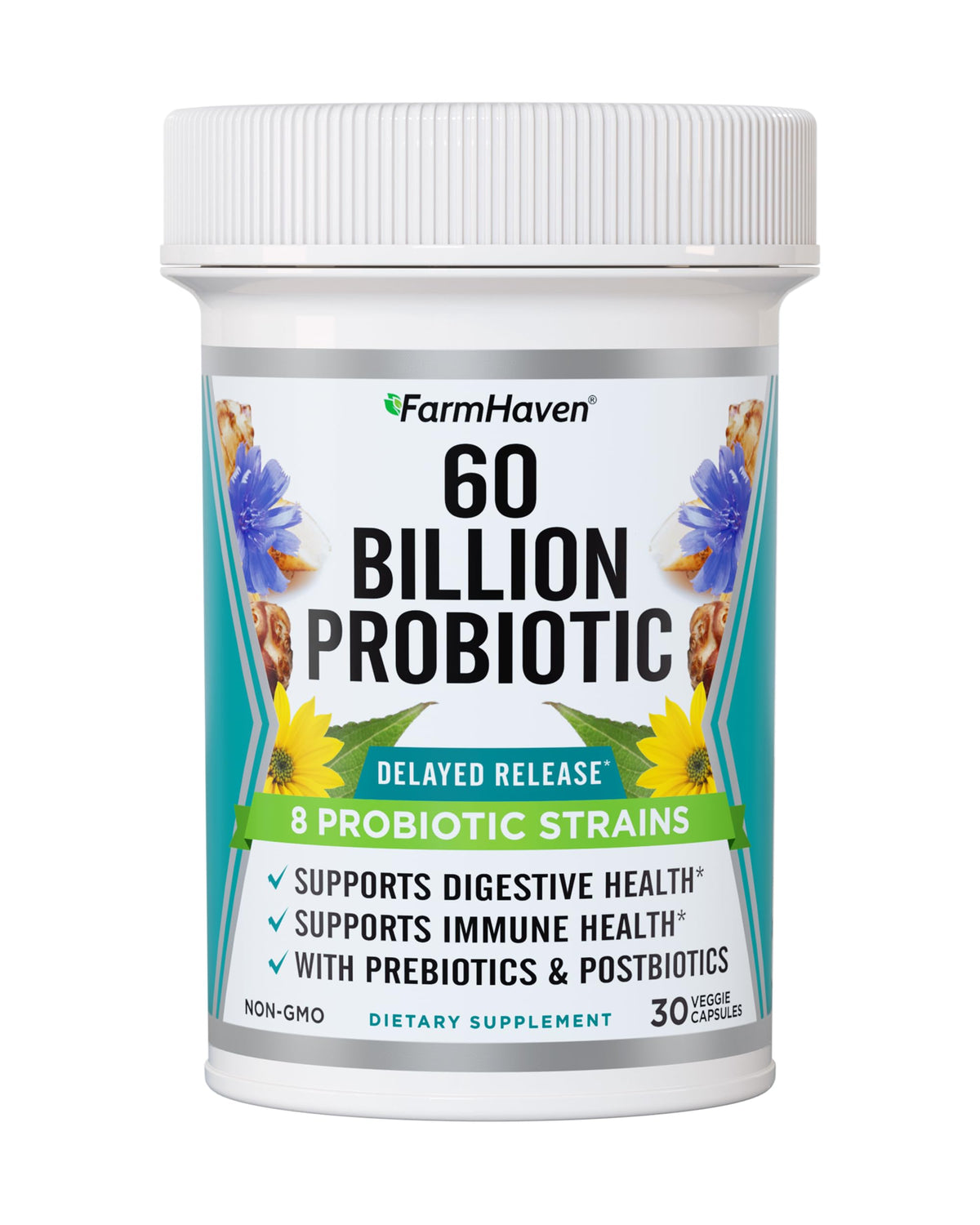 FarmHaven 60 Billion CFU Probiotic - 8 Probiotic Strains - Prebiotics & Postbiotics - Supports Digestive & Immune Health - Delayed Release - Shelf Stable - OmniHealth US