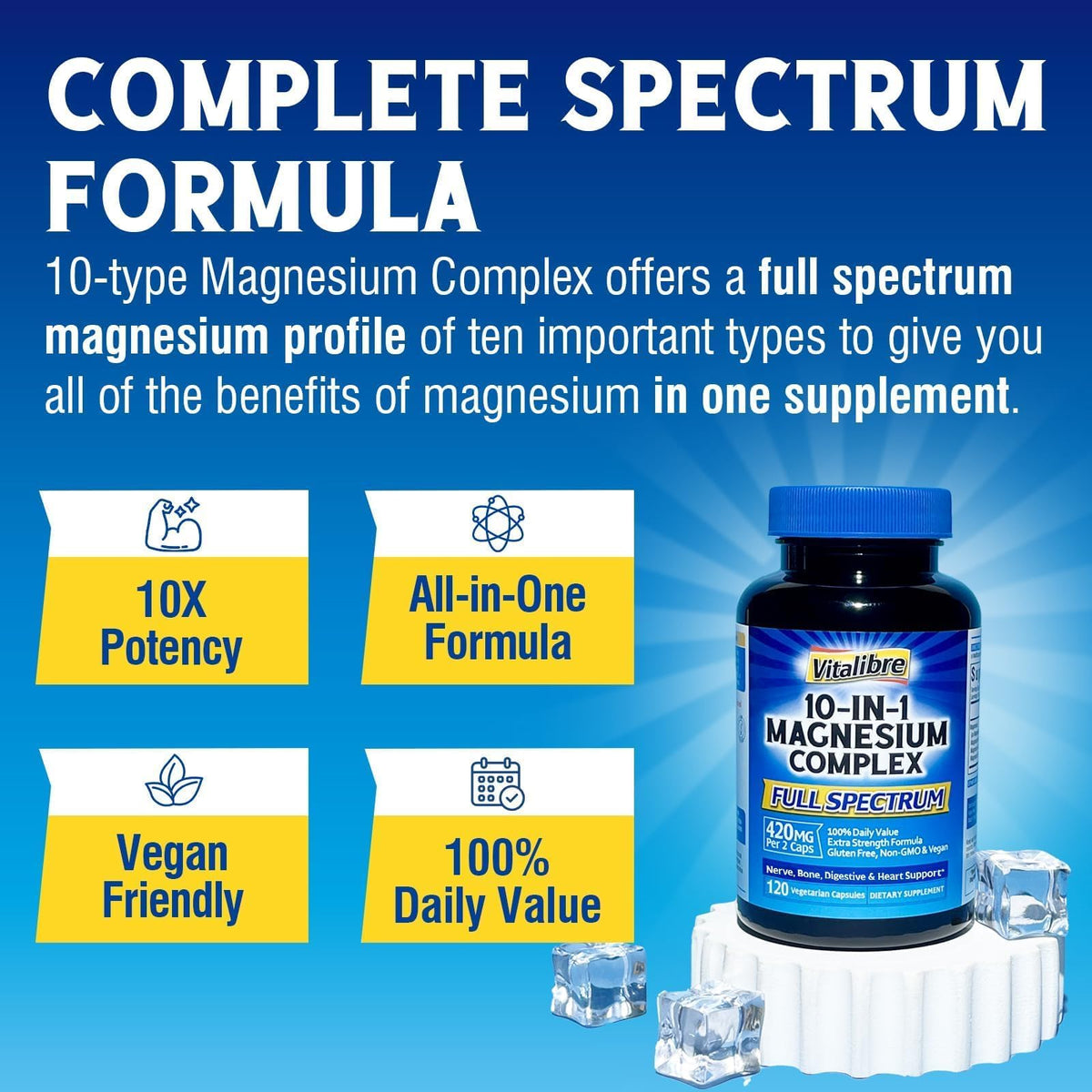 Vitalibre 10 in 1 Magnesium Complex, 420mg Elemental Magnesium | Ultra Strength, Max Absorption | Chelated Magnesium Supplement for Nerves, Bone & Heart Health - OmniHealth US