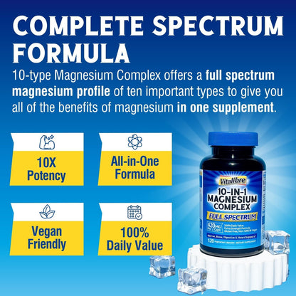 Vitalibre 10 in 1 Magnesium Complex, 420mg Elemental Magnesium | Ultra Strength, Max Absorption | Chelated Magnesium Supplement for Nerves, Bone & Heart Health - OmniHealth US