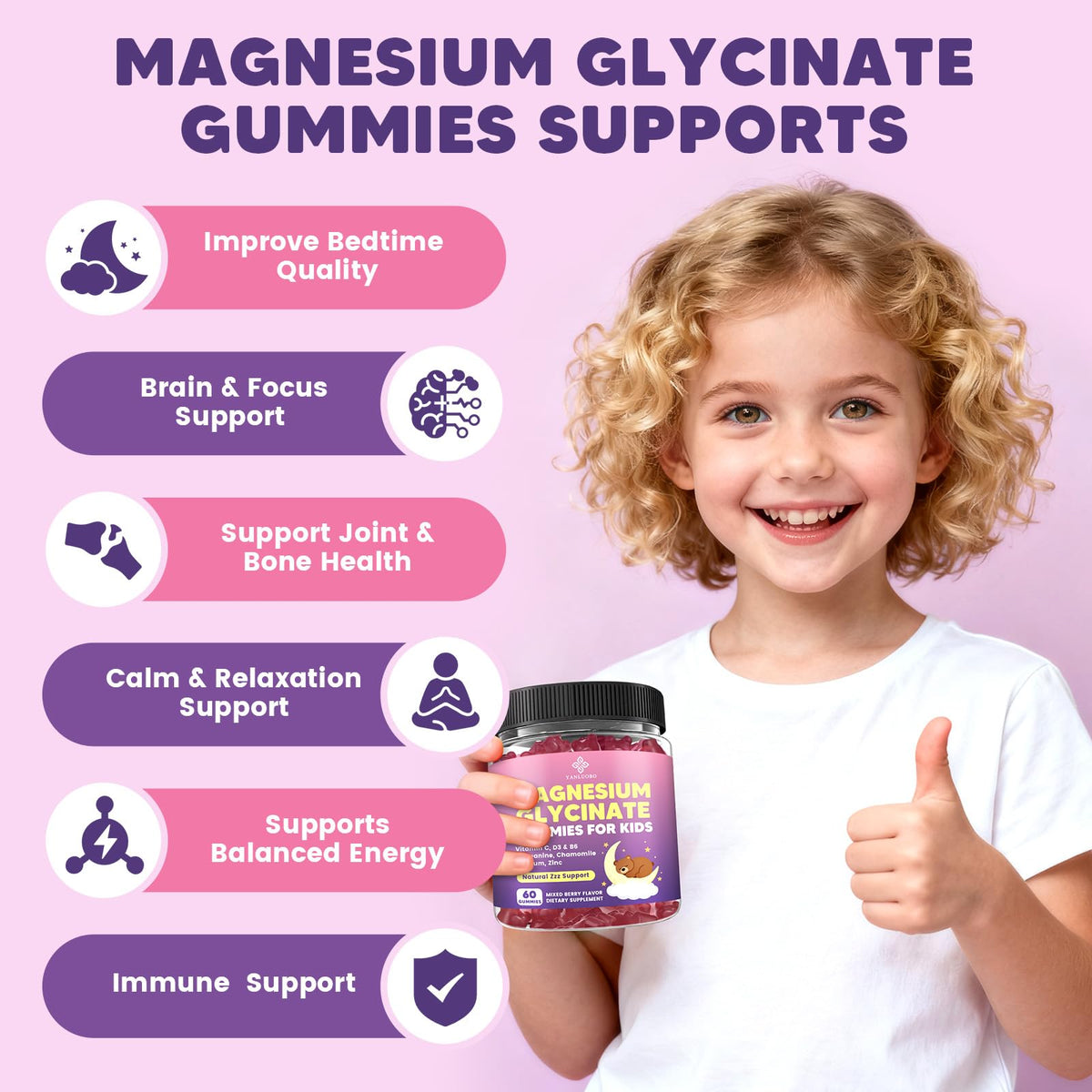 YANLUOBO Kids Magnesium Gummies, Magnesium Glycinate Gummies 400mg/200mg with L-Theanine, Chamomile, Vitamin B6, D3 for Kids, Relaxation & Zzz Support, OmniHealth US