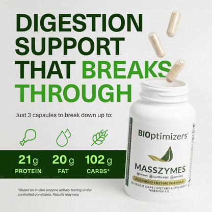 BIOptimizers MassZymes - Complete Digestive Enzymes Supplement for Gut Health - Bloating Relief for Men and Women - Lipase Amylase Bromelain Digestive Enzymes (30 Capsules) - OmniHealth US